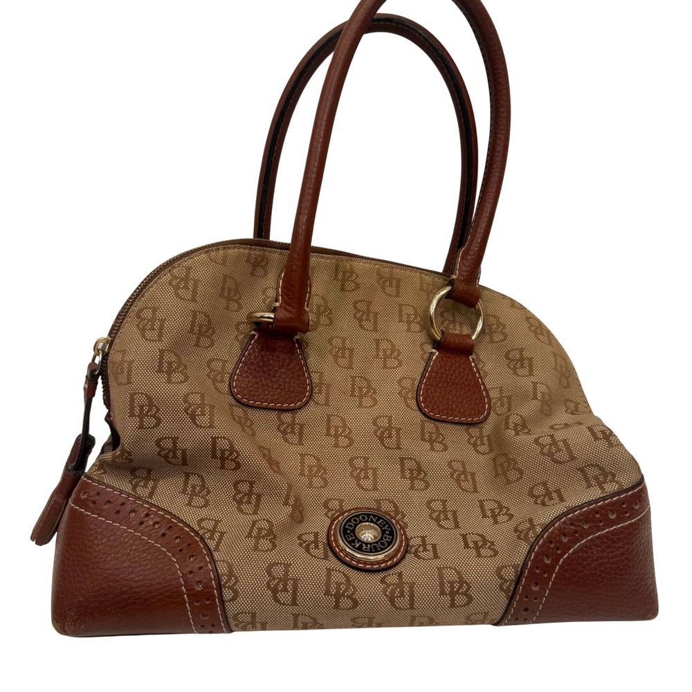 Dooney & Bourke Signature DB Monogram Canvas Satchel Bag Brown Leather Trim